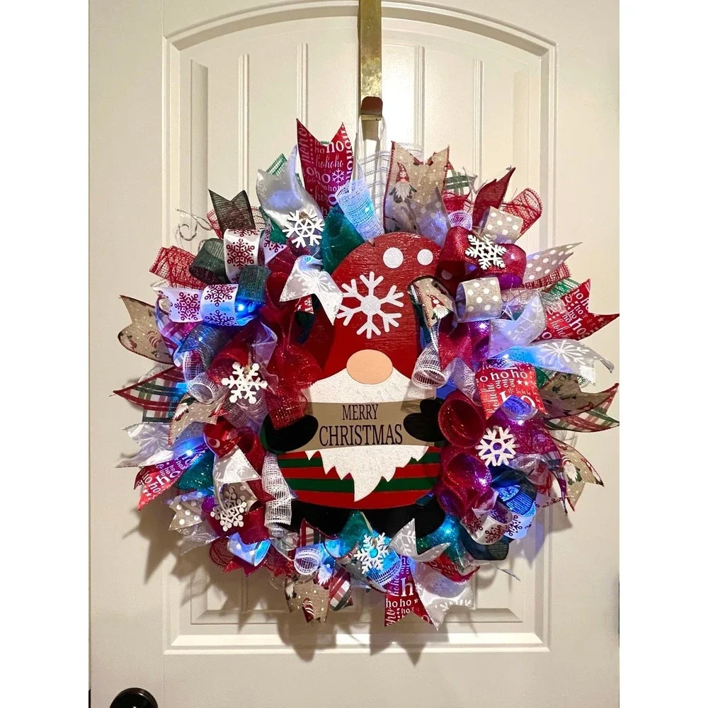Christmas Snowflake Gnome Holiday Ribbon Door Wreath Handmade 22 ins LED W9